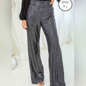 Pink Lily boutique charcoal belted, sequin flare, pants
